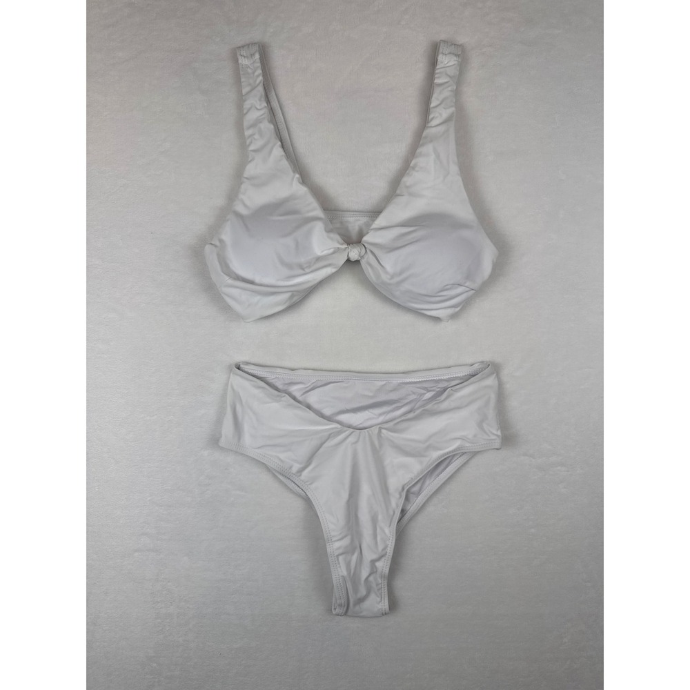 NWOT Unbranded White Bikini Set Knot Front V-Waist High Hip Swimsuit Size S